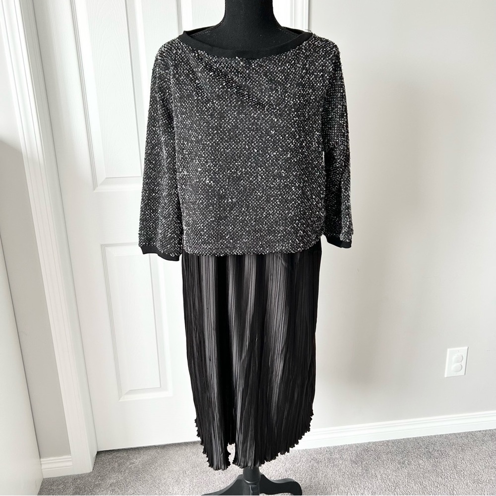 Just Living Long Sleeve Mixed  Media Pleated Satin Dress